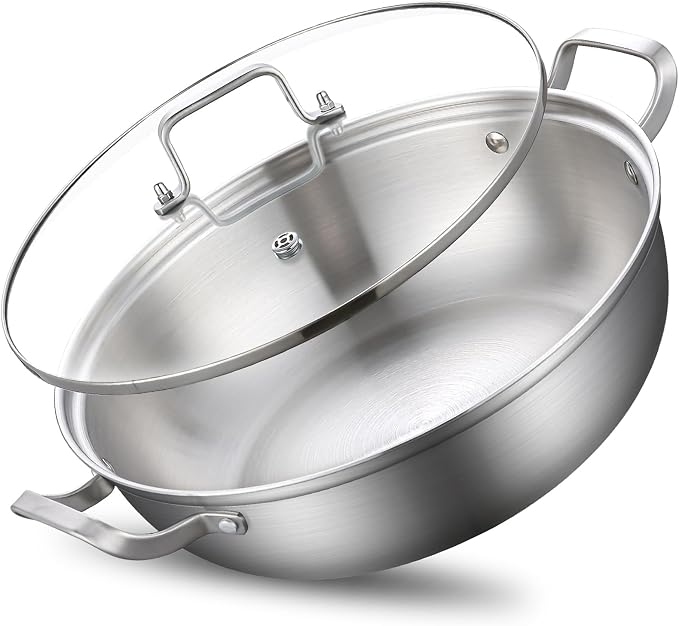 Yeksum Tri-Ply Stainless Steel Saute Pan,Deep Frying Pan with lid,Compatible with All Cooktops Up to 650℉, Everyday Pan,Hot Pot,Kadhai,Induction Cooking Pot,Dishwasher and Oven Safe. (7QT)