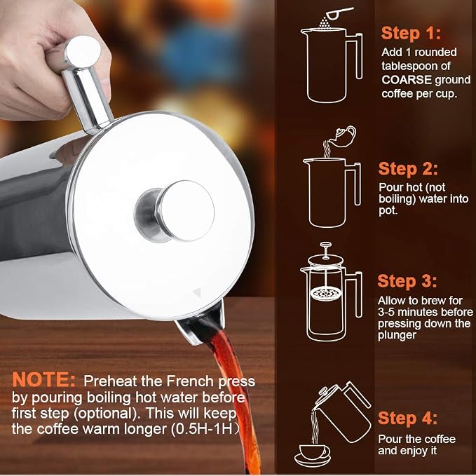 Secura French Press Coffee Maker, 304 Grade Stainless Steel Insulated Coffee Press with 2 Extra Screens, 50oz (1.5 Litre), Silver