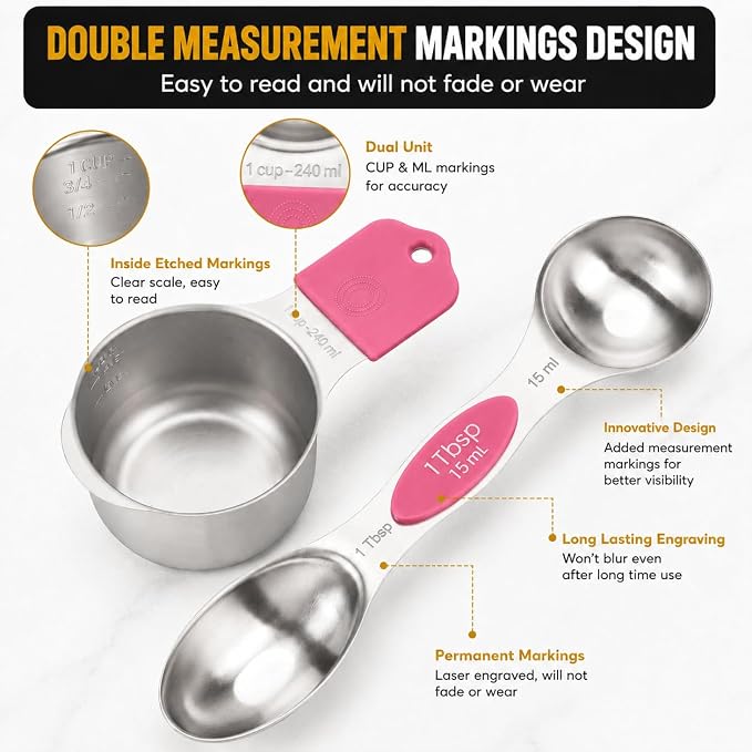 16PCS Magnetic Measuring Cups and Spoons Set with Leveler – Strong N52 Magnets, Premium 304 Stainless Steel, Double Sided Measuring Spoons, Easy to Read Engraved Measurements for Baking & Cooking