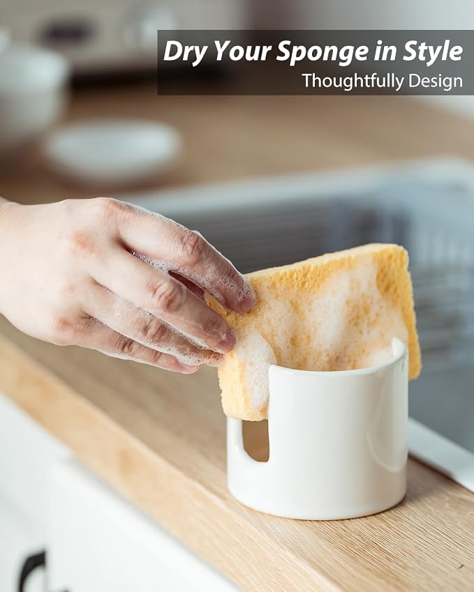 Zoeeker Sponge Holder for Kitchen Sink, Ceramic Dish Sponge Drying Caddy | Scrubby Daddy Kitchen Storage Organizer Cute Dish Brush Drying Rack for Sink Counter, Farmhouse Kitchen Decor, Beige White