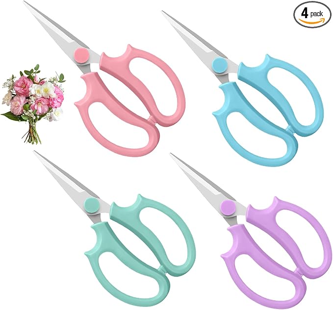 4PCS Flower Scissors, Stainless Steel Garden Shears (Slender) | Garden Floral Scissors with Comfort Grip Handle, Perfect for Arranging Flowers, Pruning, Trimming Plants, Gardening Tool