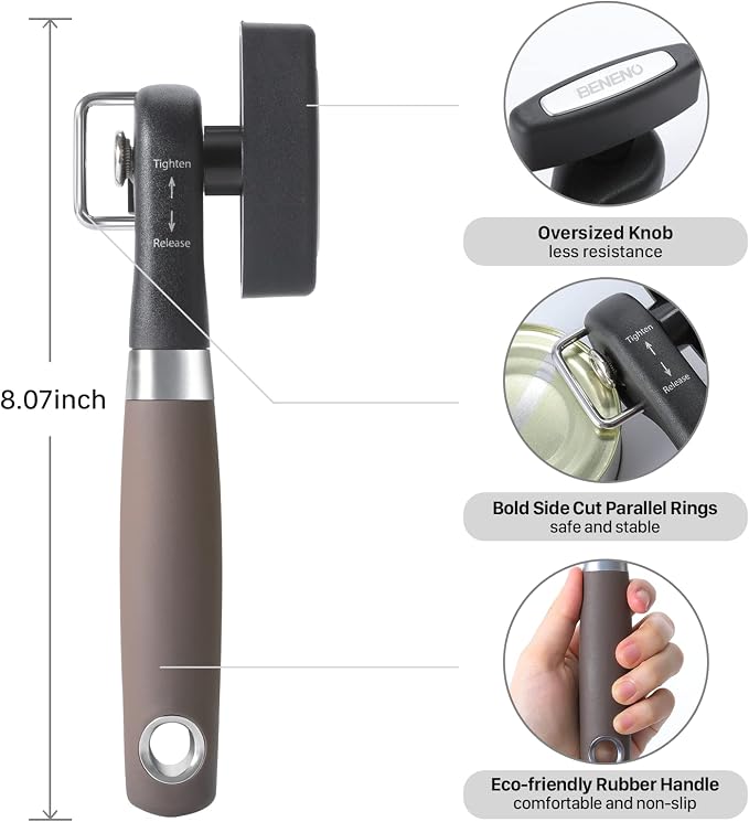 Beneno Can Opener, Manual Side Safe Cut Can Opener Smooth Edge, Brown | Durable Sharp DC53 Steel Cutting Blade, Clean Cut with no Sharp Can Edges, Big Effort-Saving Knob, Comfortable Non-Slip Grip