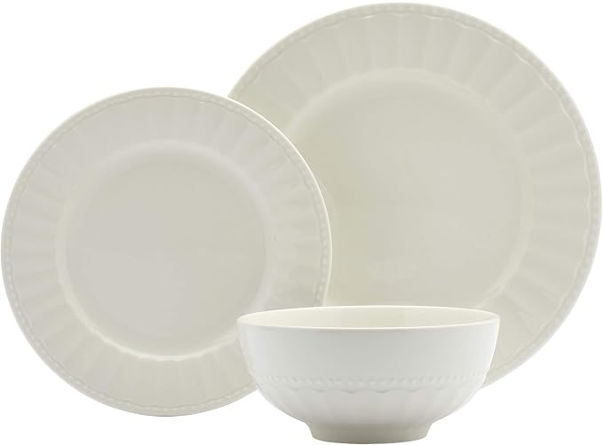 Tabletops Gallery Embossed Bone White Porcelain Round Dinnerware Collection- Chip Resistant Scratch Resistant, Mosaico 12 Piece Dinnerware Set (Dinner Plate, Salad Plate, Cereal Bowl)