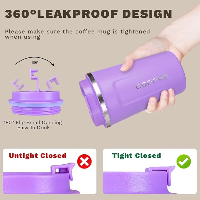 SPLMIFA Travel coffee mugs leak-proof, reusable coffee cup with lid, stainless steel vacuum insulated coffee tumblers, thermal insulation cups for men & women keep drinks hot & cold (2nd-Purple, 17OZ)