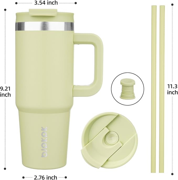 BJPKPK 30 oz Insulated Tumbler with Handle & Straw, Stainless Steel | Double Wall Vacuum Insulation, Leak Proof, BPA Free, Dishwasher Safe, Cupholder Friendly, Travel & Outdoor, Macaron Green