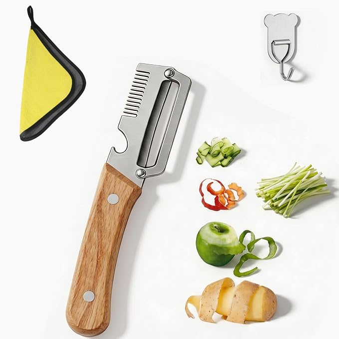 All-in-One Vegetable Peeler for Kitchen: Scallion Shredder | Stainless Steel Wooden Handle - Includes Bottle Opener Grater Dish Cloth & Hook - Multi-Functional for Potatoes