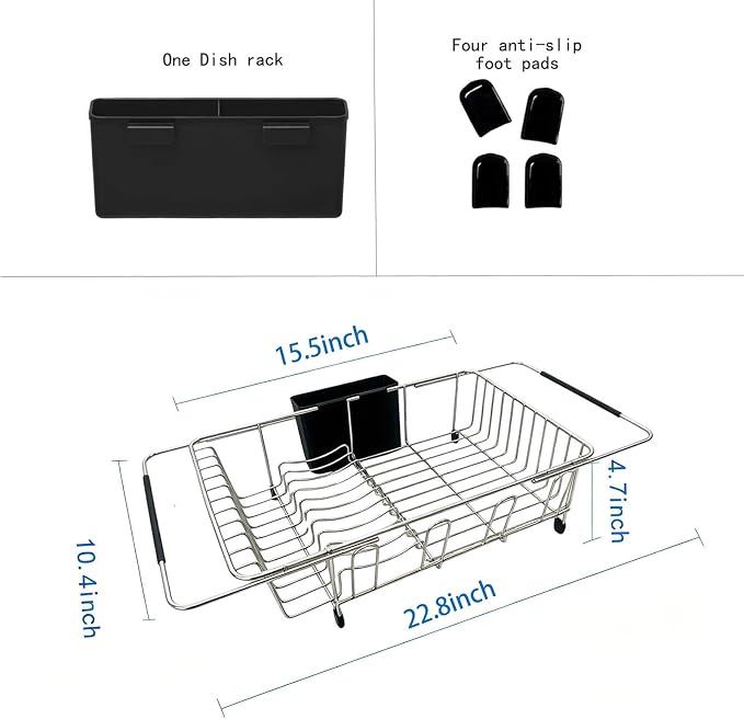 Expandable Over Sink Dish Drying Rack, Rustproof Stainless Steel Dish Drainer with Cutlery Utensil Holder, Quick Drainage Space Saving Kitchen Storage Organizer for Small Apartments RV