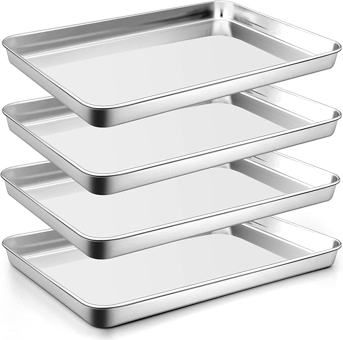 P&P CHEF Baking Sheet Pan, Stainless Steel Cookie Sheet, 16 Inch & 4 Pcs | Oven Tray Sheet Pan for Baking & Serving, Baking Tray for Multi Uses, Heavy Duty & Non-toxic, Rust Free & Dishwasher Safe