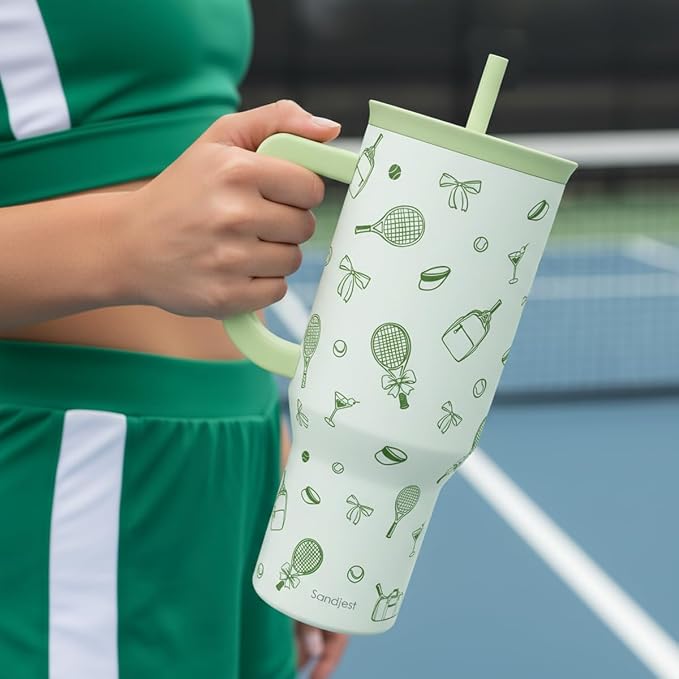 SANDJEST Tennis 40oz Tumbler With Handle and Straw, Insulated Stainless Steel Travel Coffee Mug for Women Girls Tennis Players, Gift Idea for Birthday Christmas Mothers Day