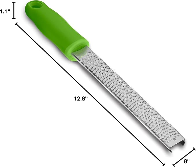 8-Inch Lemon Zester & Cheese Grater, 18/8 Stainless Steel, Green | Fine 18/8 Stainless Steel Blade for Citrus, Parmesan, Ginger and Garlic, Soft Non-slip Handle, Cover, Dishwasher Safe