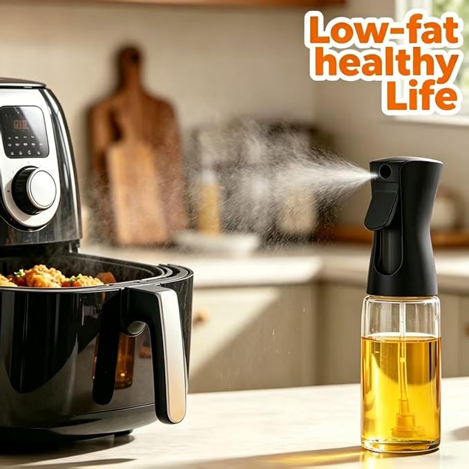 Olive Oil Sprayer for Cooking, 220ml Glass Oil Dispenser | Kitchen Gadgets, Food Grade Premium Clear Spray Bottle, for Salad, Frying, BBQ