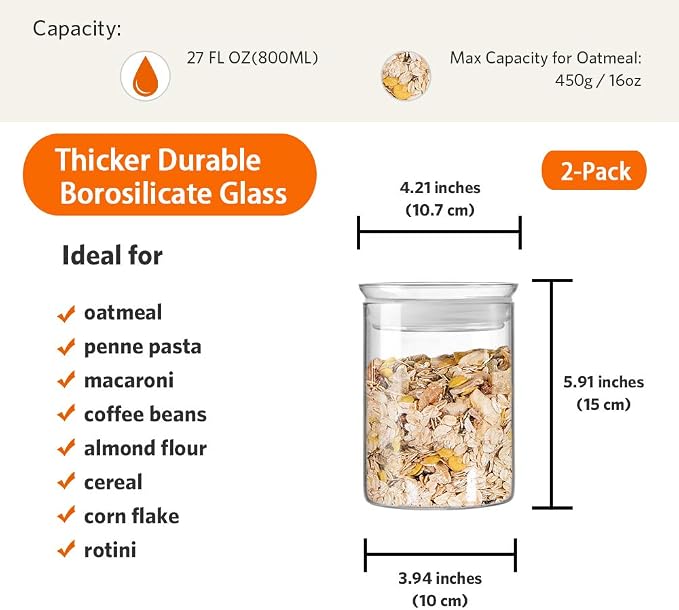 ZENS 27oz Glass Jars with Airtight Lid Set of 2, Clear Glass Storage Containers, Glass Kitchen Canisters with Airtight Lids, Coffee Jars for Brown Sugar, Pantry Organization | Thick Borosilicate Glass Canisters with Airtight Lids for Herbs, Thick Boros...