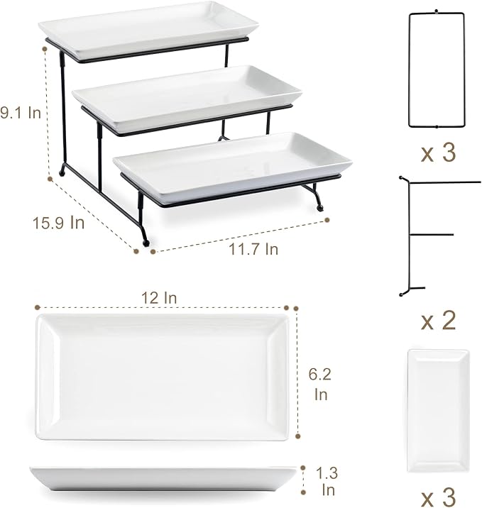 LYEOBOH 3 Tier Serving Tray, Tiered Serving Tray, Platters for Food Display | Tiered Serving Stand and Platters Set, 12 Inches Tier Serving Platter for Party, Dessert, and Cupcake, with Collapsible Rack