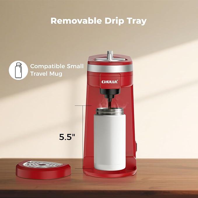 CHULUX Mini Single Cup Coffee Maker for K Pod, Perfect for Small Space, Red | Fast-Heating Boiler System, Single Cup Brewing, Portable Compact Design, Four-Hole Multi-Stream Needle, Adjustable Drip Tray