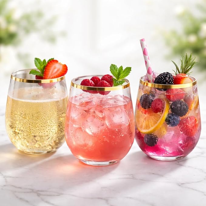 Oojami 48 Pack Disposable Plastic Wine Glasses Stemless 10 oz Gold Rim | Shatterproof BPA-Free Reusable Cocktail Cups, Recyclable Unbreakable Wine Cups for Wedding Party Birthday, Clear