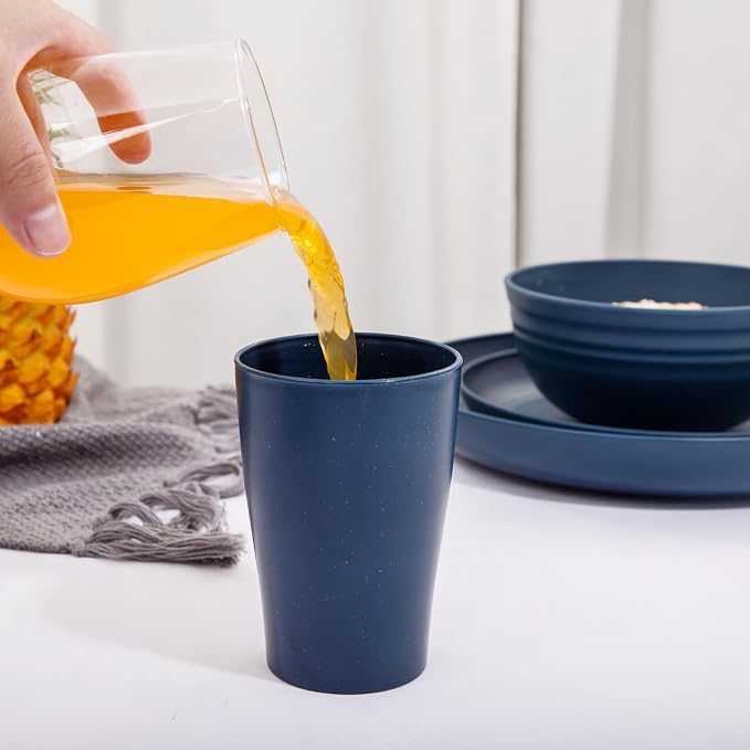 32PCS Blue Wheat Straw Dinnerware Sets for 8 Camper Plates | Unbreakable Midnight Blue Wheat straw Tableware Set,Lightweight Reusable Plastic Dishes for Camping,Party and Everyday Meals