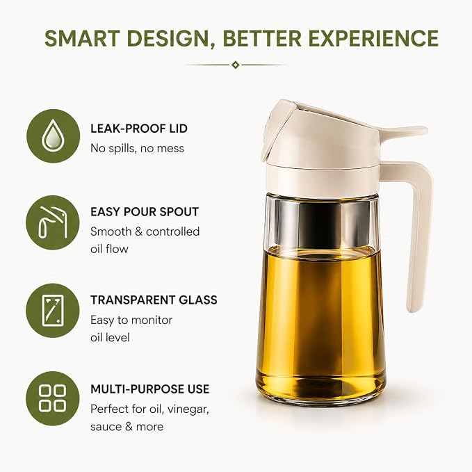 LIMPOPO Oil Sprayer for Cooking 16oz/470ml, Glass Olive Oil Dispenser Bottle, 2-in-1 Spray Mist & Stream Container for Air Fryer, Salad, BBQ, Baking & Grilling (White)