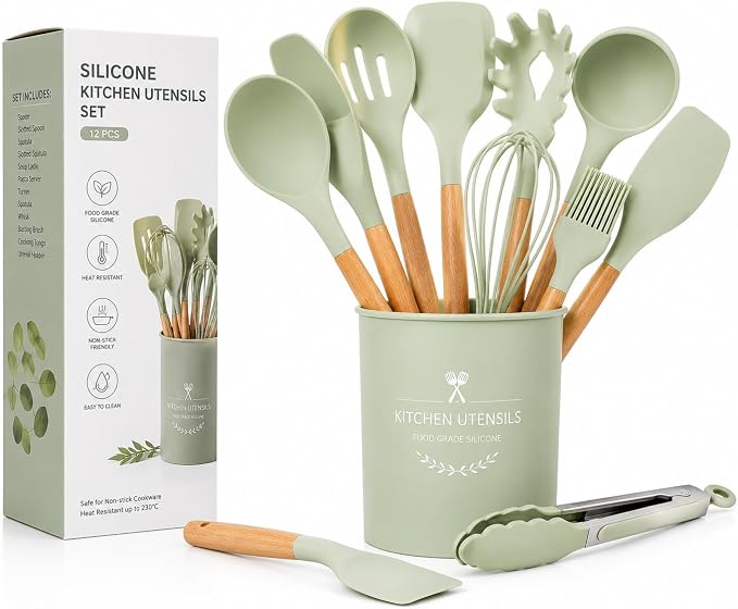 Caboh Silicone Kitchen Utensil Set 12 PCS – Heat Resistant Cooking Tools with Spatula, Serving Spoon, Tongs, Whisk & Holder, Nonstick Safe BPA-Free Kitchen Accessories Set (Light Green)