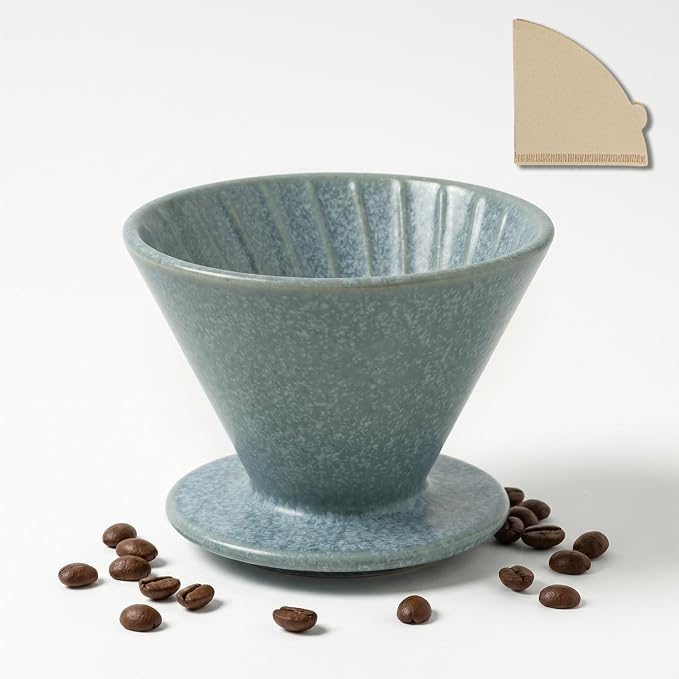 DIF DECO Ceramic Pour Over Coffee Dripper, Reusable Porcelain Portable Pour Over Coffee Maker, Slow Brewing Accessories with 1 Holes for Home, Office, Travel, Camping (Blue)