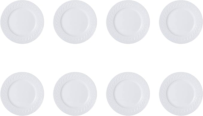 Pfaltzgraff Sylvia Dinnerware Set 32-Piece Service for 8 - White Porcelain Dinner Plates, Salad Plates, Soup Bowls and Mugs with Embossed Scrollwork