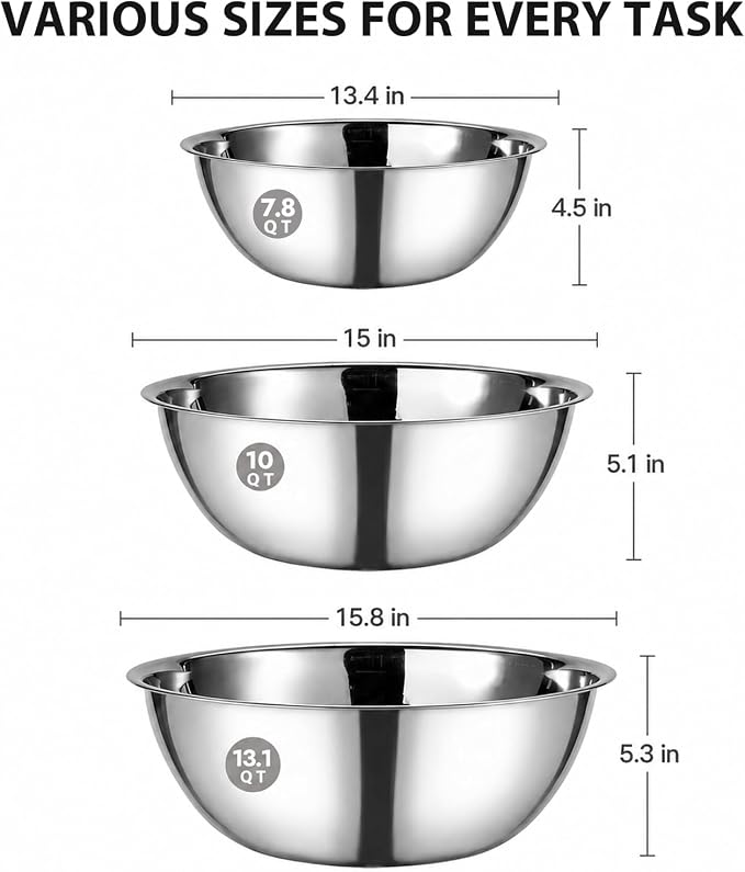 3 Piece Stainless Steel Mixing Bowls Set, 7.8/10/13.1 QT | Extra Large Stainless Steel Mixing Bowls Set, 7.8/10/13.1 QT, Nesting Metal Bowls with Flat Base for Baking, Dough & Catering