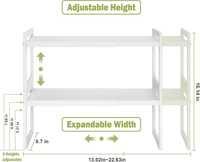 Expandable Cabinet Shelf Organizer, Stackable Kitchen Counter Shelf, White | Space Saving Metal Pantry Storage Racks for Kitchen Spice Rack Pans and Untensils Bathroom Office Organization, 2-Tier