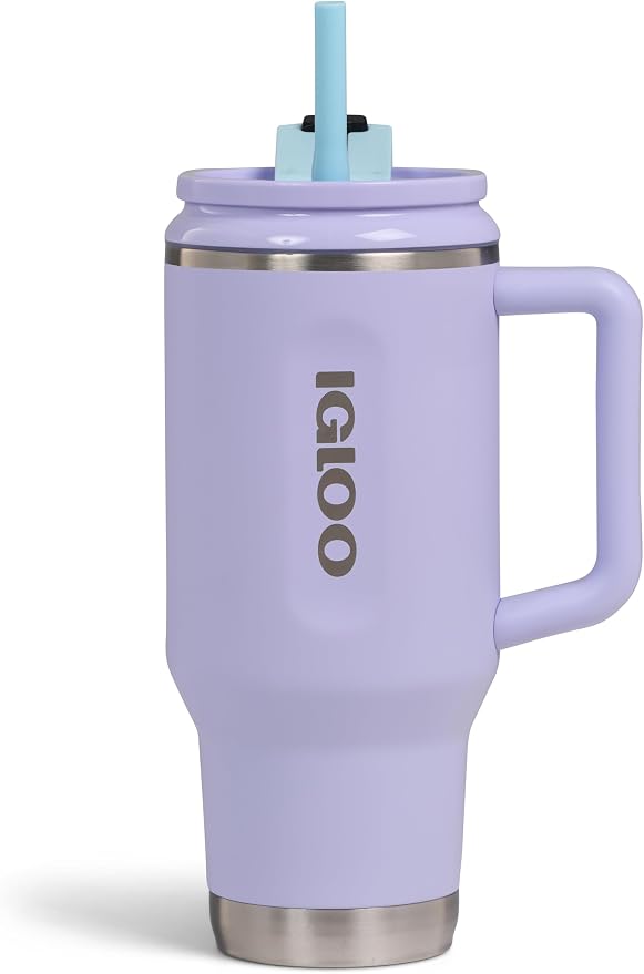 Igloo, 32 oz Tumbler with Handle, Reusable Travel Mug, Stainless Steel Insulated Hydration Cup for Hot & Cold Beverages, Cupholder Friendly, Lilac