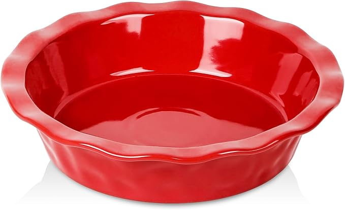vicrays Ceramic Pie Pan for Baking - 9 inch Pie Plate, Round, Fluted and Deep Pie Dish for Tart, Pizza, Apple Pie, Quiche, Pot Pies, Cake - Reactive Glaze (Red)