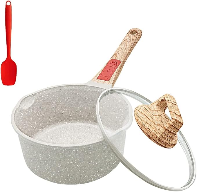 2 Qt Nonstick Saucepan with Lid, Sauce Pot with Pour Spout, White | Detachable Handle, Suitable for All Stoves, Including Induction, Oven Safe, PTFE & PFAS & PFOA Free