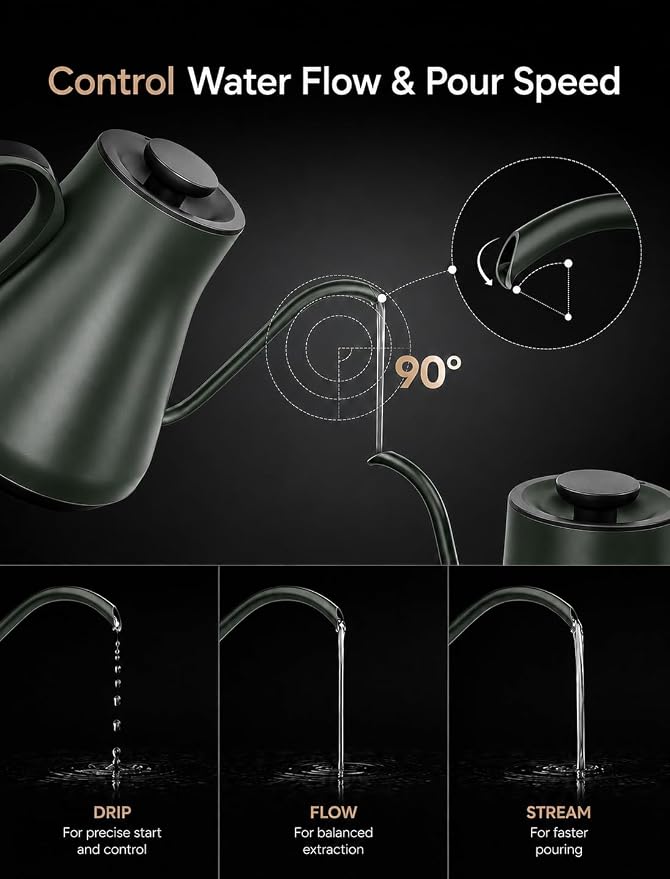 Cocinare Gooseneck Electric Kettle, ±1°F Precise Temperature Control, 1500W Fast Heating, Pour Over Coffee & Tea Kettle with Brew Timer & Keep Warm, Stainless Steel, 0.9L (Delacroix Green)