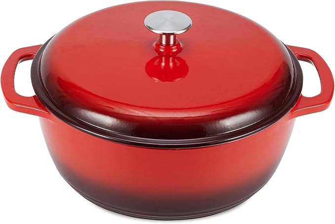Amazon Basics Enameled Cast Iron Dutch Oven Pot with Lid, Round, Dual Handles, Heavy-Duty, Oven Safe for Stews, Roasting, Baking, 7.3-Quart, Red
