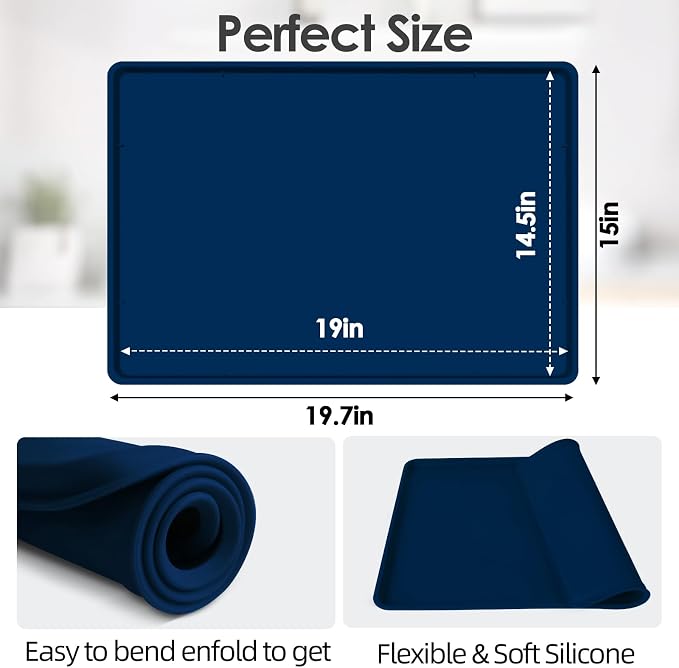 Silicone Coffee Maker Mat with Lip for Countertops, 19.7'' x 15'' Navy Blue | Multi leak-proof coffee tray for countertop, non-slip silicone tray for under coffee machine espresso accessory, wipe-clean