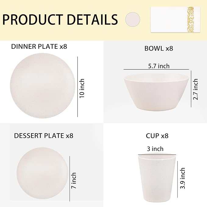 32Pcs Reusable Cream Wheat Straw Dinnerware Plates and Bowls Sets | Unbreakable dishes set for 8 includes plates, bowls, cups, and napkins. Dishwasher safe for daily or outdoor use.