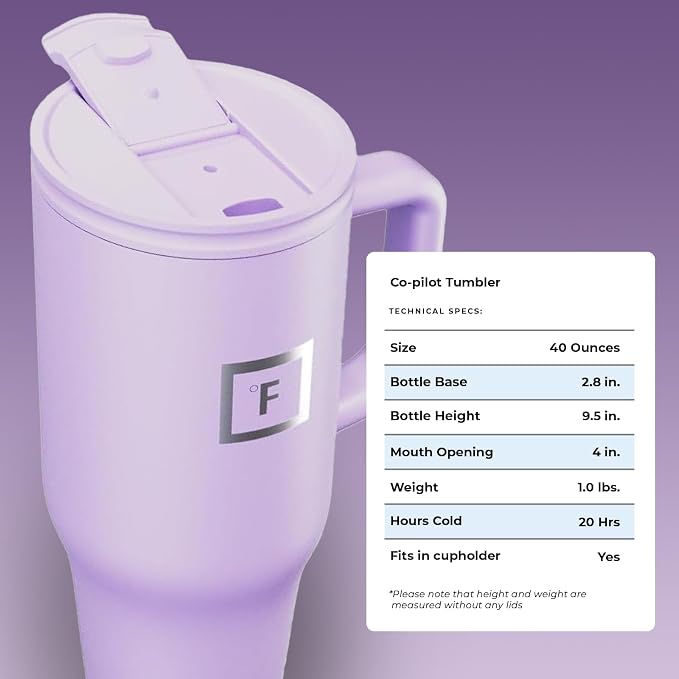 IRON °FLASK 40 oz Co-Pilot Insulated Travel Mug | Insulated Travel Mug with Straw & Flip Cap Lids - Cup Holder Fit, Leakproof, BPA Free (Lavender)