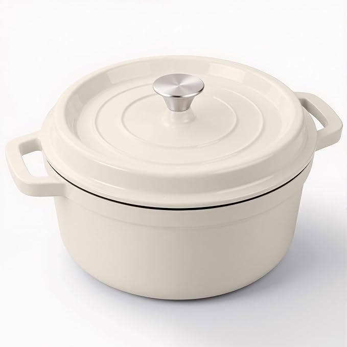 Miereirl 6.5 Quart Enameled Dutch Oven Pot with Lid, Cast Iron Dutch Oven with Dual Handles for Bread Baking, Cooking, Non-stick Enamel Coated Cookware (Beige)