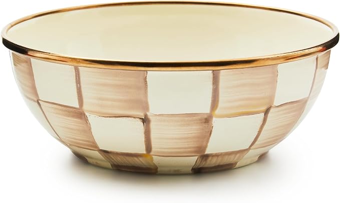MACKENZIE-CHILDS Everyday Bowl, Extra Small, Brown-and-White Mocha Check | Hand-painted design, made from enameled steel, decorative serving bowl, 6" dia. x 2" H, 2-cup capacity