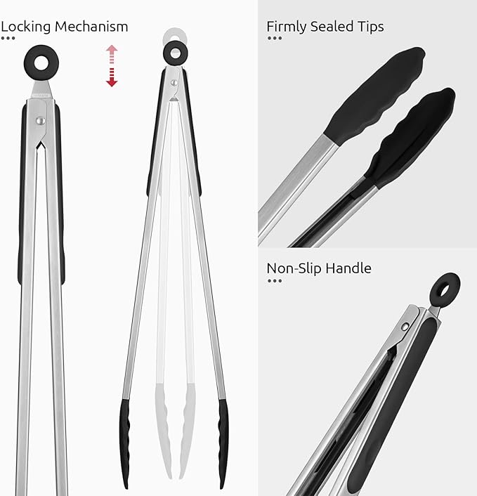 U-Taste Kitchen Tong for Cooking, 600ºF Heat-Resistant Silicone, 16in/Black | Extra Long BBQ Tongs, Large Tong for Grilling/Grabbing, Big Thong with Nonstick Silicone Tps & 18/8 Stainless Steel Handle