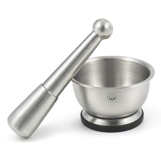 NewlineNY Stainless Steel Hand Masher & Bowl, Mortar and Pestle Set