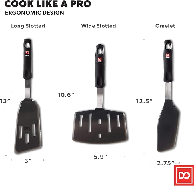 DI ORO Silicone Turner Spatula Set - 600F Heat Resistant, 3-Pc | Flexible flippers for eggs, pancakes, and crepes; Won't scratch nonstick pots and pans; BPA-free and dishwasher safe