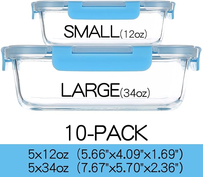 C CREST Glass Meal Prep Containers, [10 Pack] Glass Food Storage Containers with Lids, Airtight Bento Boxes, BPA Free & Leak Proof (10 Lids & 10 Containers)