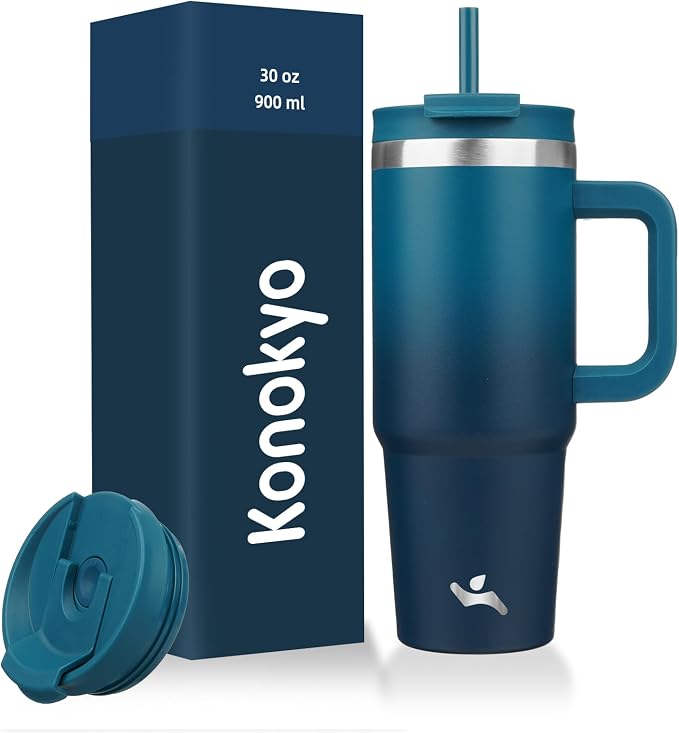 Konokyo 30 oz Insulated Tumbler Water Bottle with Handle, Straw Lid | BPA-free and dishwasher safe; made for gym, travel, coffee and gifting, 2 straws, cup holder friendly,Indigo Black