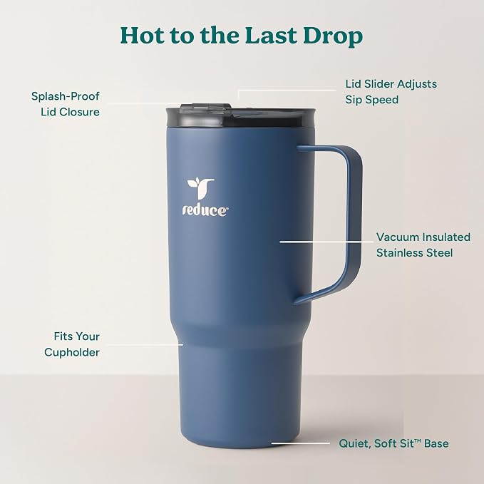 REDUCE 24oz Hot1 Vacuum Insulated Mug w/Lid and Handle - Coffee & Tea Cup | With Flo-Motion lid and handle, single-serve and cupholder friendly, keeps drinks hot for up to 8 hours
