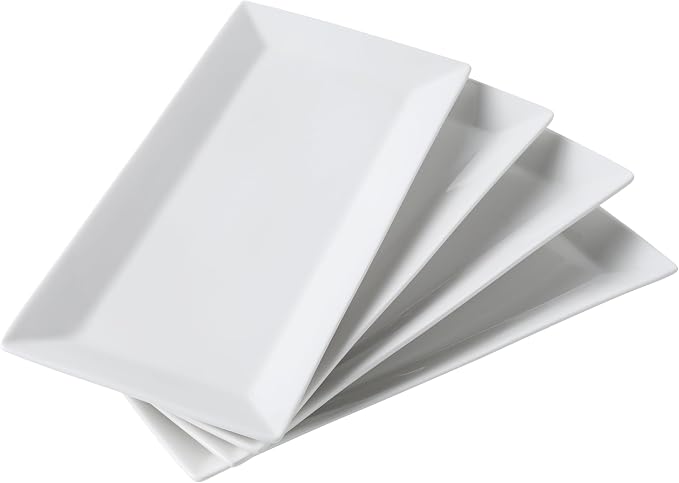 12" Serving Platters Set of 4, White Rectangular Plates, Ceramic Serving Tray, Stackable Large Party Plates for Appetizer, Dessert, Steak, Sushi, Housewarming Gift, Oven Dishwasher Safe