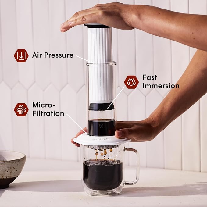 AeroPress Premium Coffee Press, Glass, Stainless Steel & Aluminum, White | Glass, Stainless Steel & Aluminum, All-in-One French Press, Pour-Over & Espresso-Style, Manual Brewer, 2 Min Brew