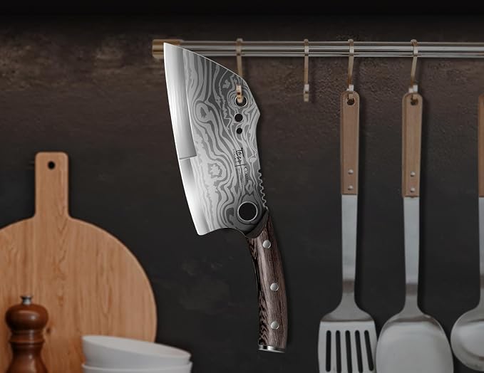 Meat Cleaver Chef Knife with Sheath, 7.7 Inch Butcher Knife | Chopping Knife with Herb Stripper, Heavy Duty Bone Cutting, Damascus Pattern Full Tang Wood Handle, Birthday Gift for Men
