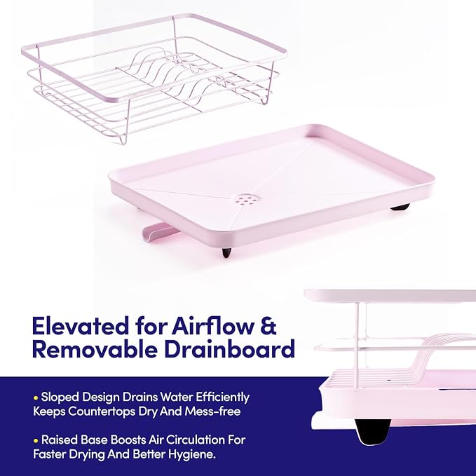 Dish Drying Rack 3 Piece Dish Drainer with Drainboard Set for Kitchen Counter – Dish Rack with Removable Utensil Holder & Swivel Spout for Countertop – DishRack for Plates, Cups & More, Pale Pink