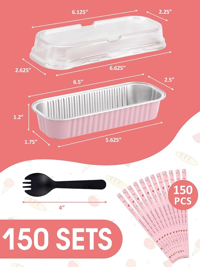 NEEBAKE 150 Pack 6.8 oz Disposable Mini Loaf Pans with Lids and Spoons - 6.5x2.5x1.2 Pink Aluminum Loaf Pans, Small Aluminum Tin Foil Baking Pan, Food Containers for Baking, Cakes, Bread, Loaves