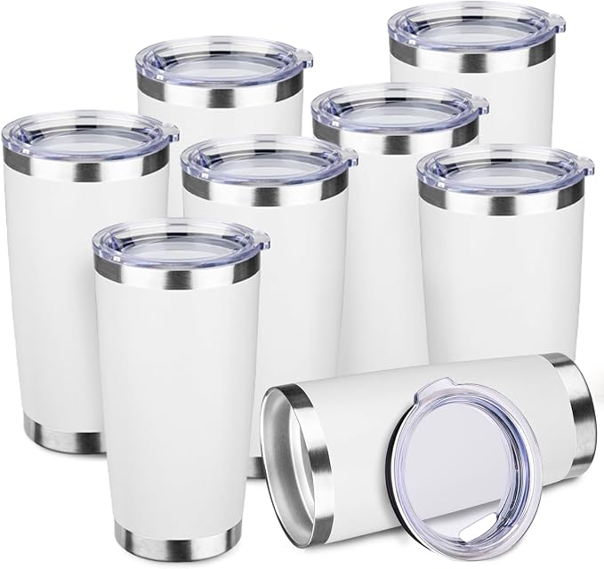 StarSpeed 8 Pack 20oz Stainless Steel Travel Coffee Tumbler,White | Travel Coffee Mug Bulk,Spill-proof Lid,Double Wall,BPA-free Travel Cups,Insulated Cup Fits Car Cupholders