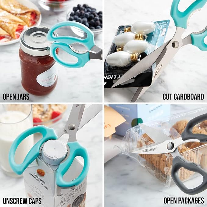 Farberware Comfort Grip Kitchen Scissors, 2 Pack, Aqua and Gray