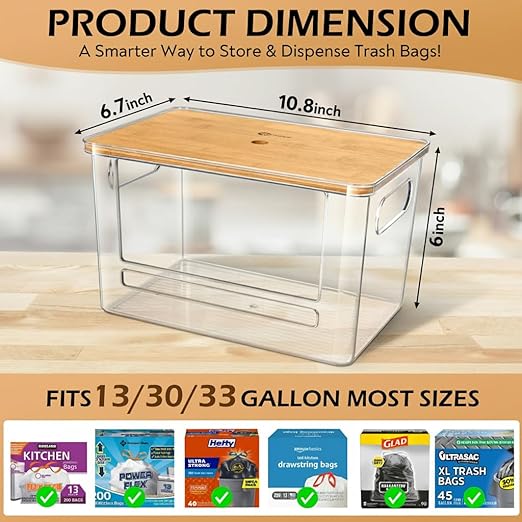 Stackable Trash Bag Dispenser with Wooden Top for Holding 13 to 33 Gallon Large Bag Sizes – Medium Size Garbage Bag Holder with Anti-Slip Base, Trash Bag Dispenser Under Sink (10.8"x6.7"x6" inches)